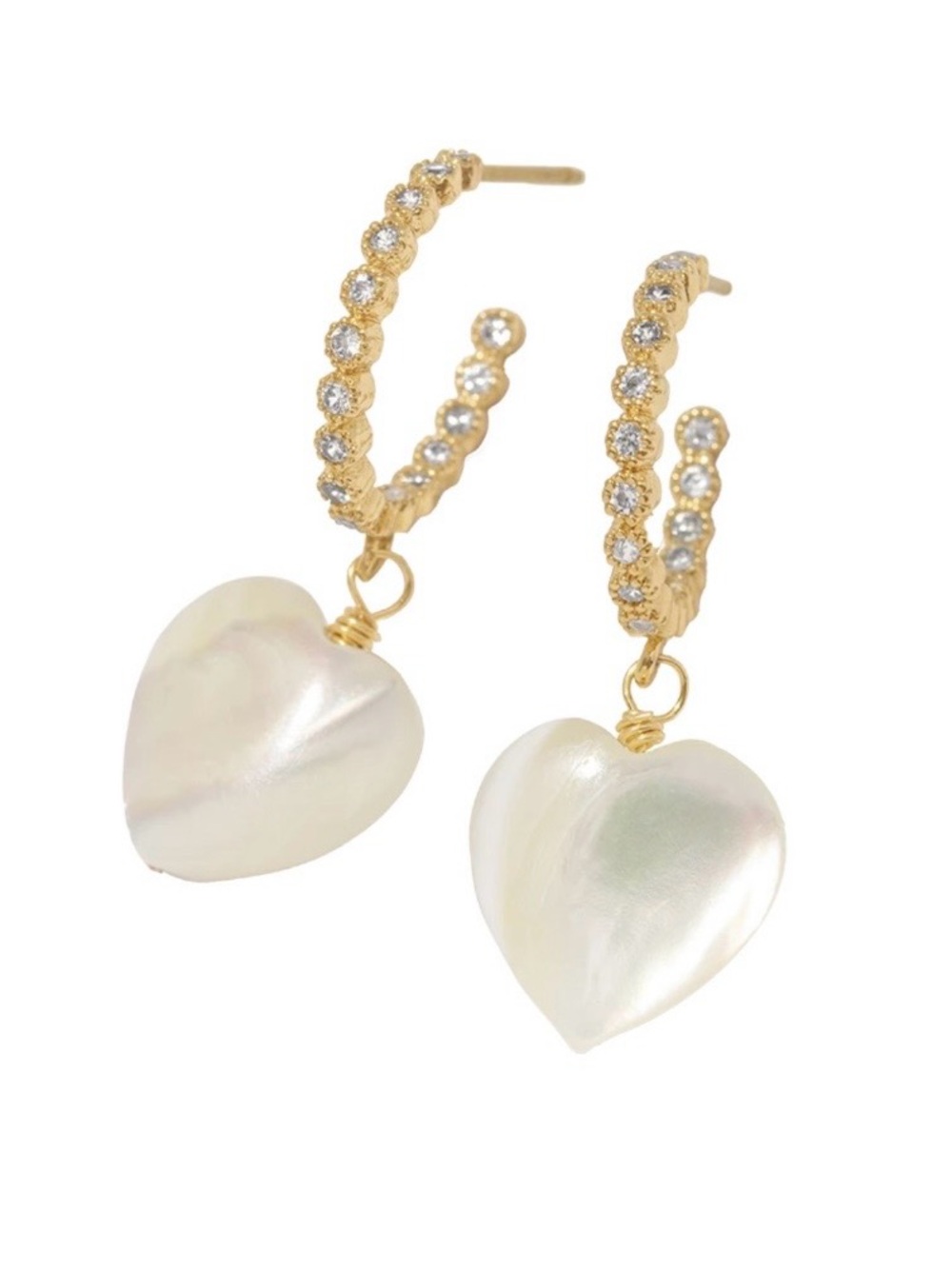 Frasier Sterling Heart Earrings in 14k Gold Plate, CZ and Mother of Pearl. New!